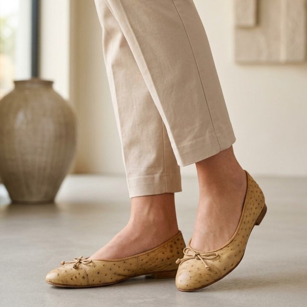 Giorgios of Palm Beach Ballet Flats Womens 7 Tan Beige Ostrich Leather Frony Bow